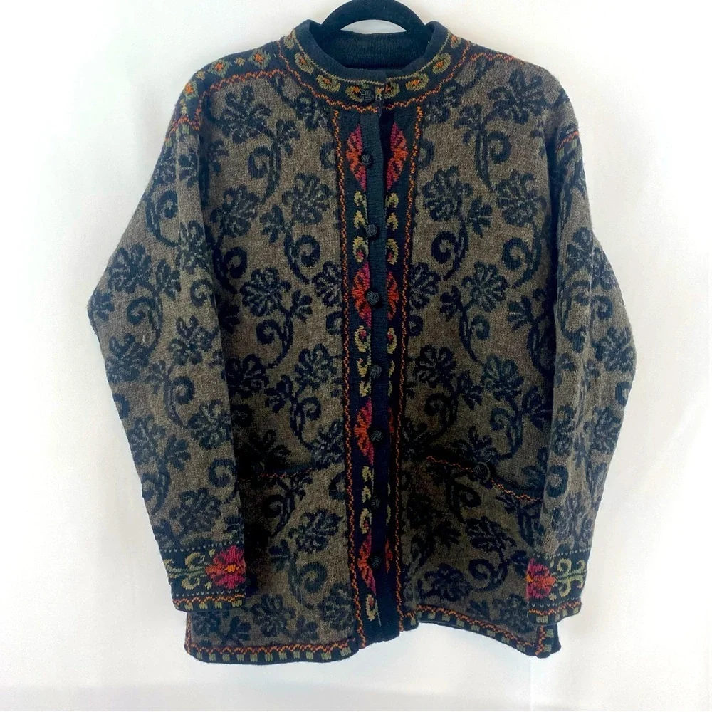 Icelandic Design Wool Cotton Lined Sweater Jacket Sz M Folklore Floral Filigree - Picture 1 of 16